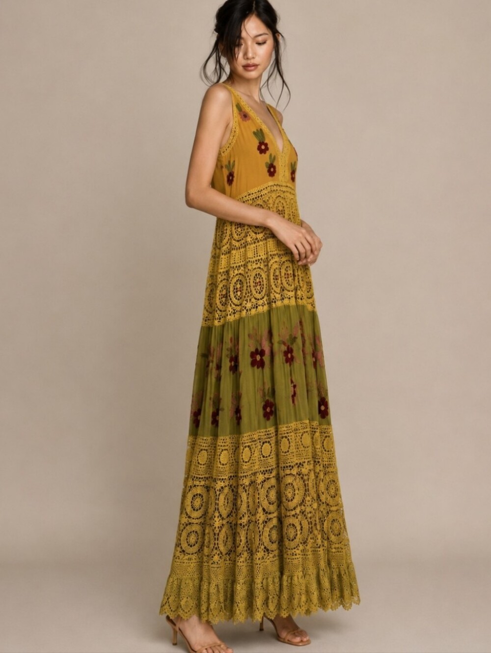 Boho Lace Embroidered Maxi Dress Vintage Inspired Crochet Boutique - Picture 13 of 14